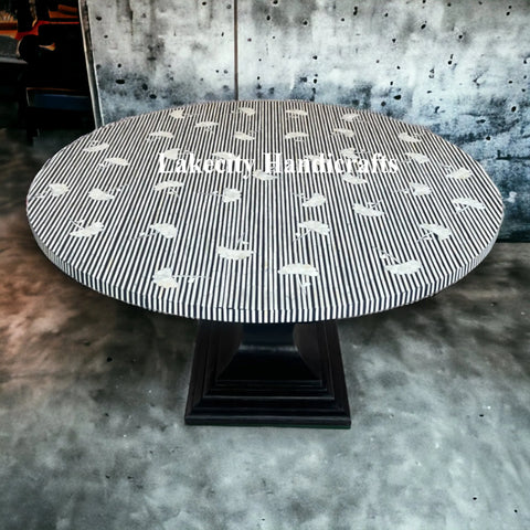 Bone Inlay Motif Design Round Dining Table Black