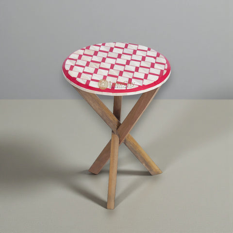 Bone Inlay Oak Side Table Square Red