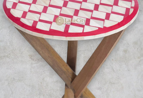 Bone Inlay Oak Side Table Square Red