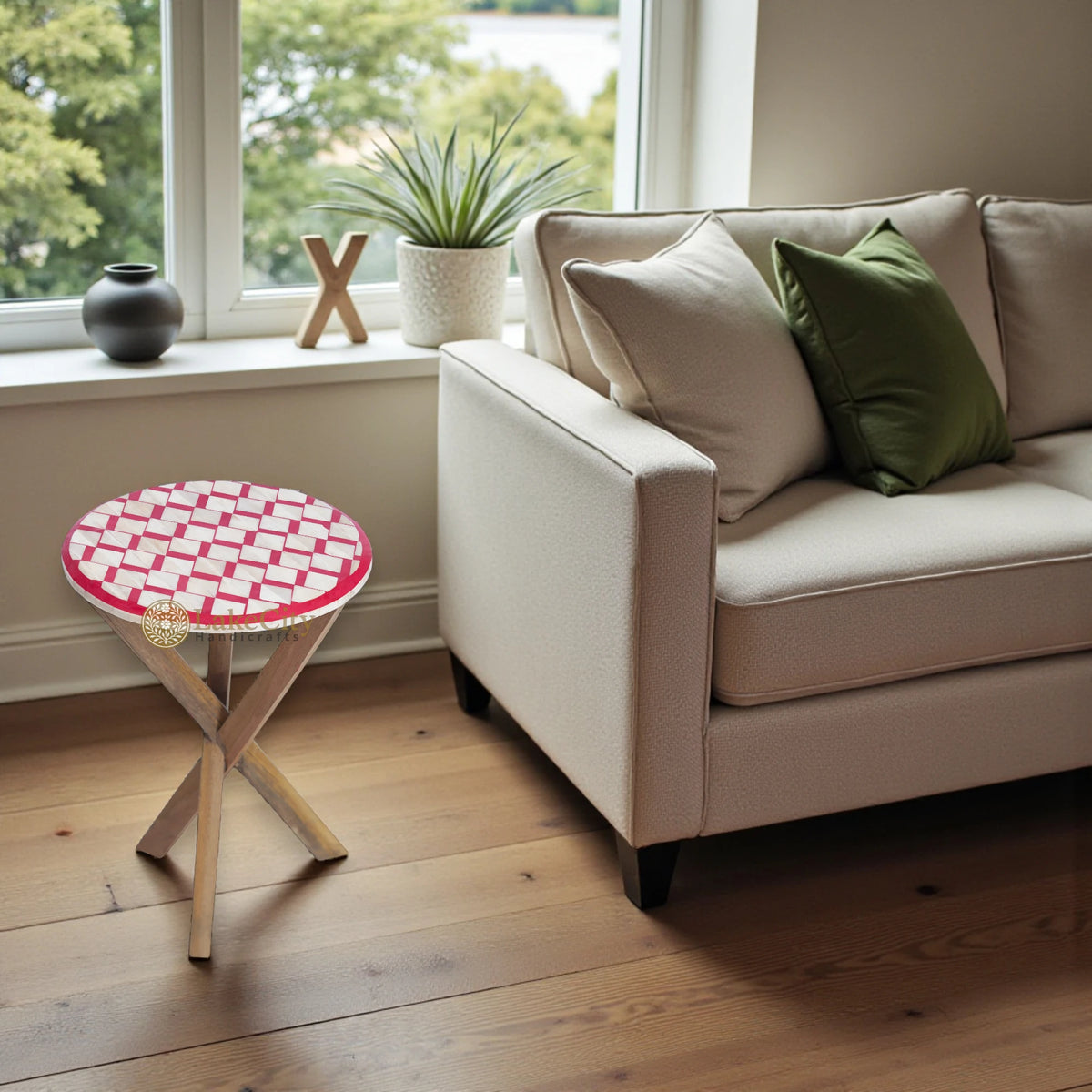 Bone Inlay Oak Side Table Square Red