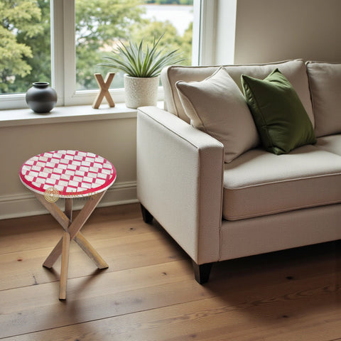 Bone Inlay Oak Side Table Square Red