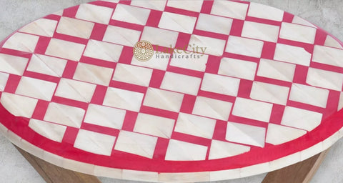 Bone Inlay Oak Side Table Square Red