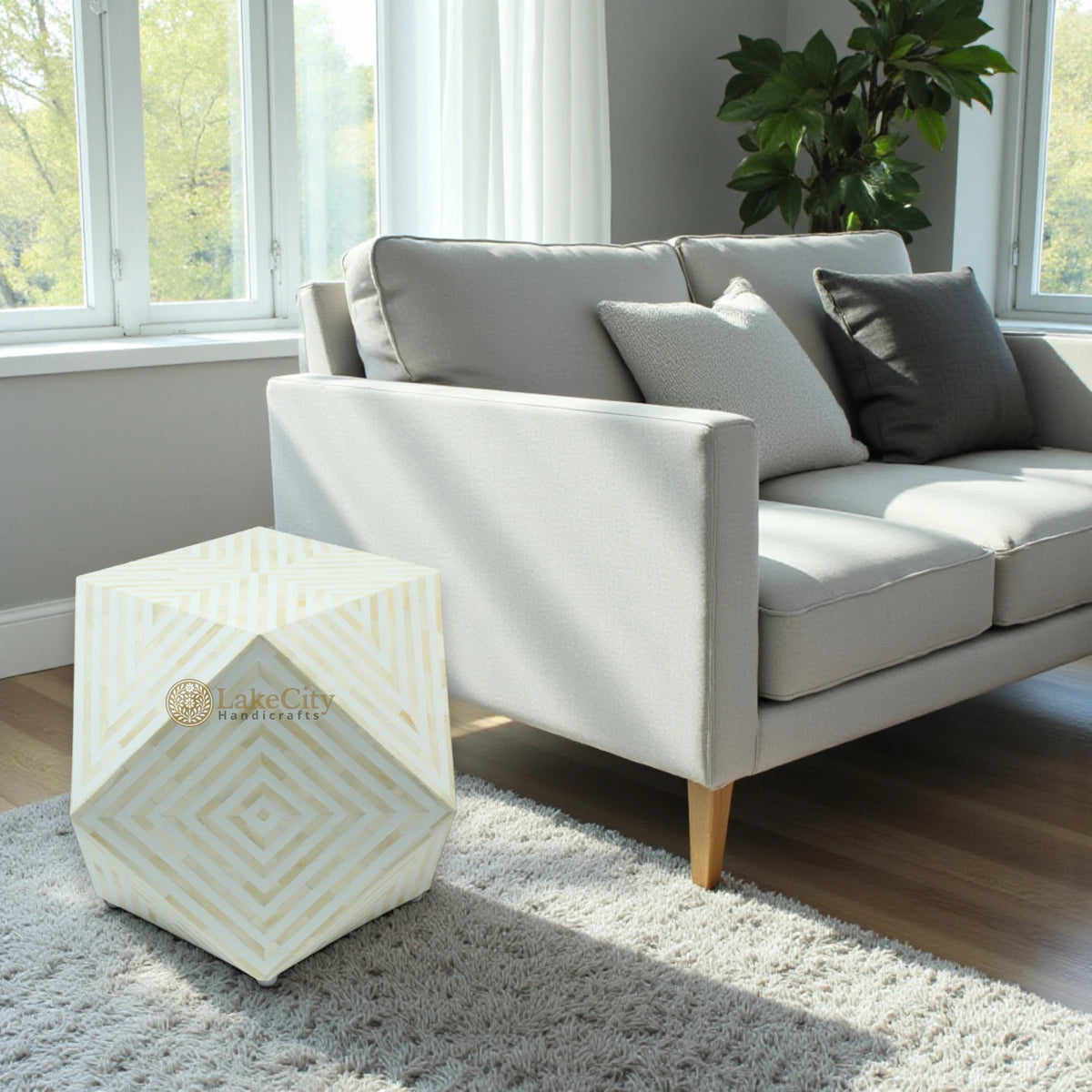 Bone Inlay Octagonal Round Stool White
