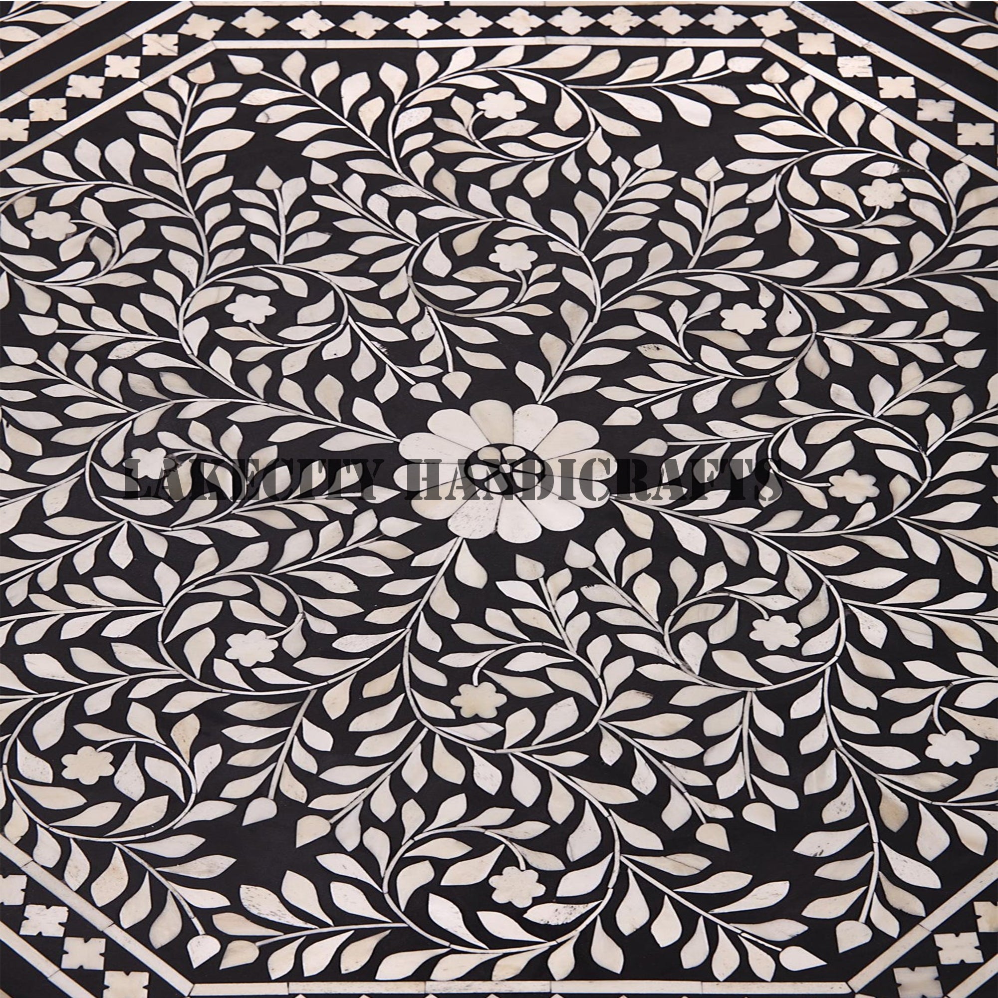 Table basse octogonale à motif floral avec incrustations d'os, noire, avec tiroir