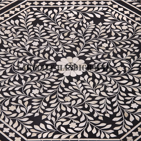 Table basse octogonale à motif floral avec incrustations d'os, noire, avec tiroir