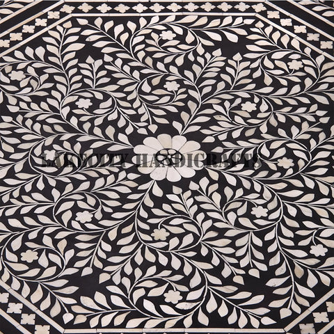 Bone Inlay Octagonal Shape Floral Design Coffee Table Black With Drawer