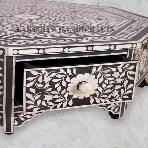 Bone Inlay Octagonal Shape Floral Design Coffee Table Black With Drawer