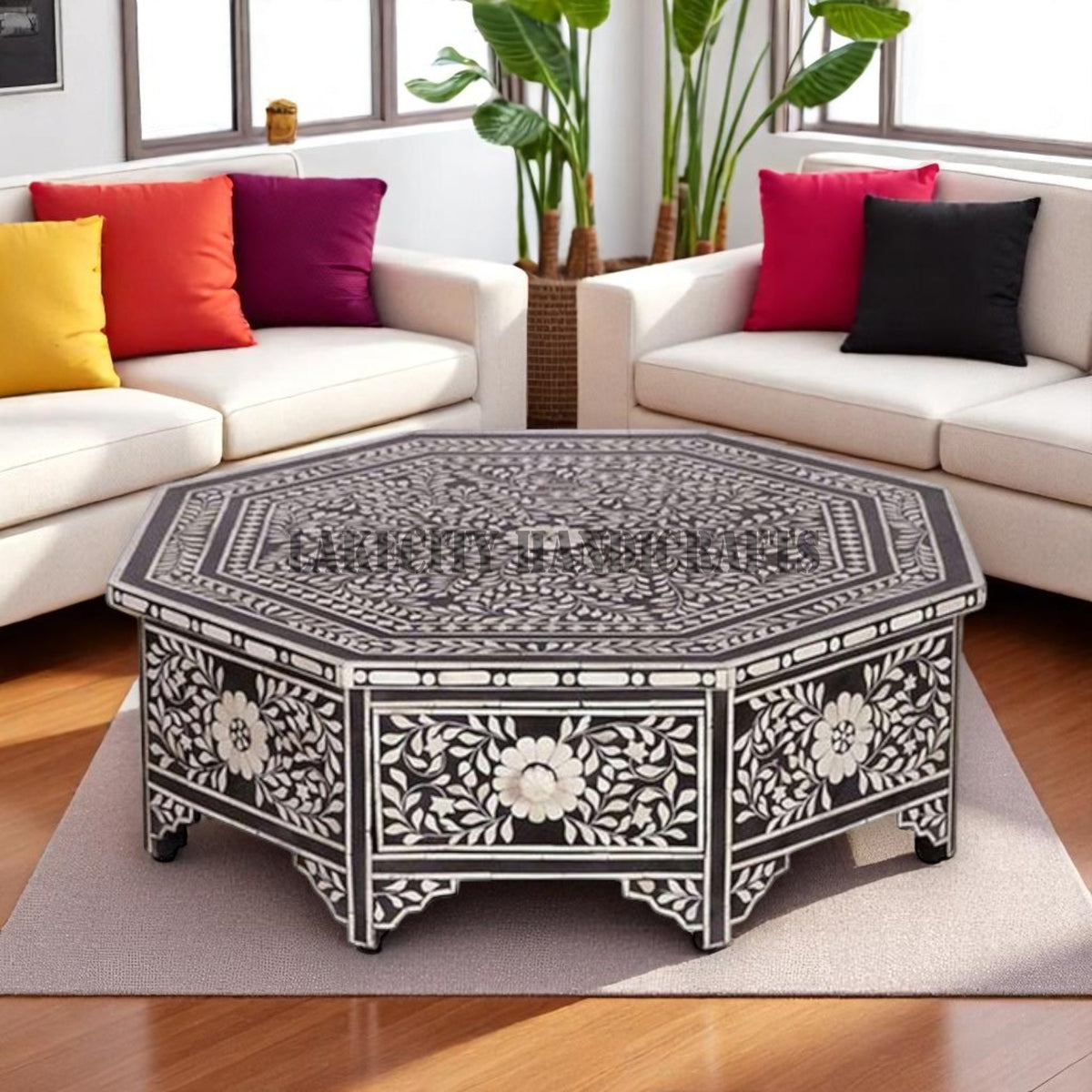 Table basse octogonale à motif floral avec incrustations d'os, noire, avec tiroir