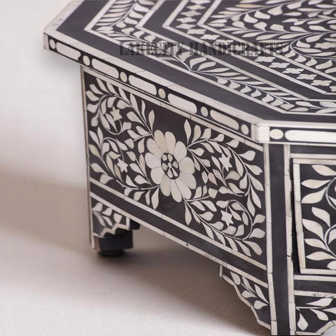 Bone Inlay Octagonal Shape Floral Design Coffee Table Black With Drawer