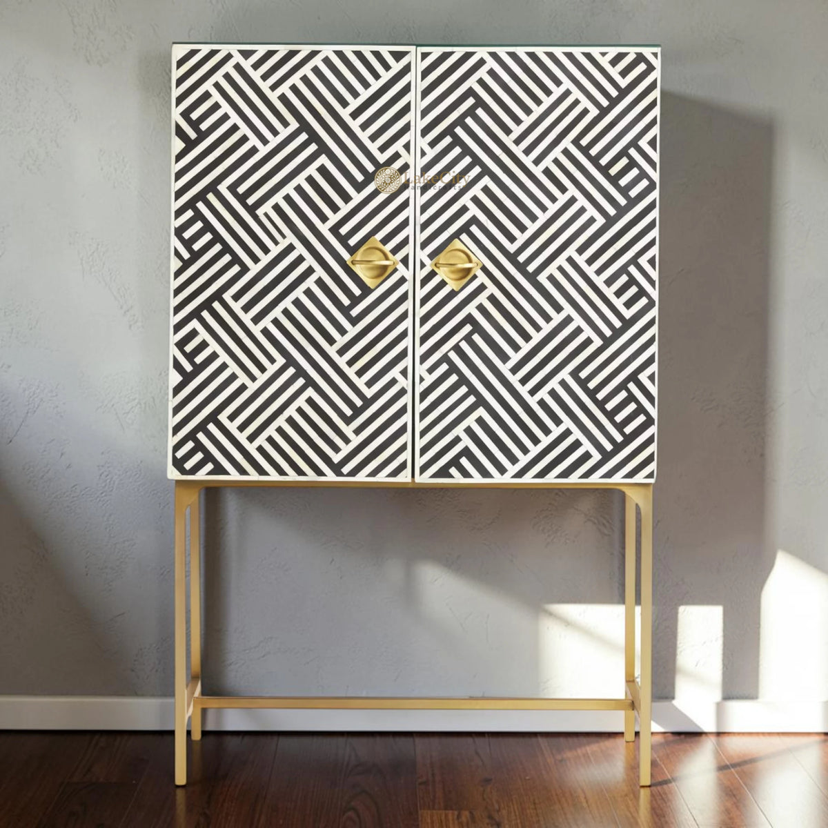 Bone Inlay Optical 2 Doors Bar Cabinet Black