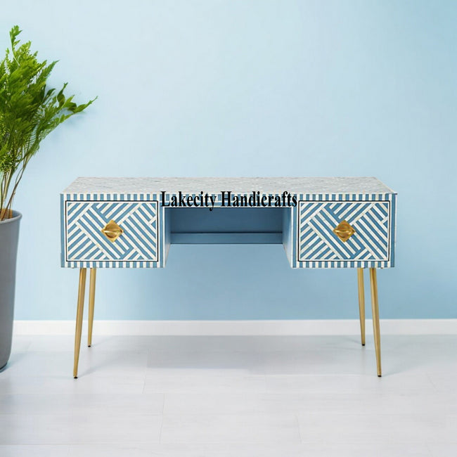Bone Inlay Optical Design 2 Drawers Desk Sky Blue | Bone Inlay Optical Design 2 Drawers Console Table Sky Blue