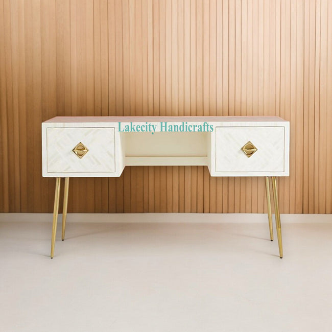 Bone Inlay Optical Design 2 Drawers Desk White | Bone Inlay Optical Design 2 Drawers Console Table White