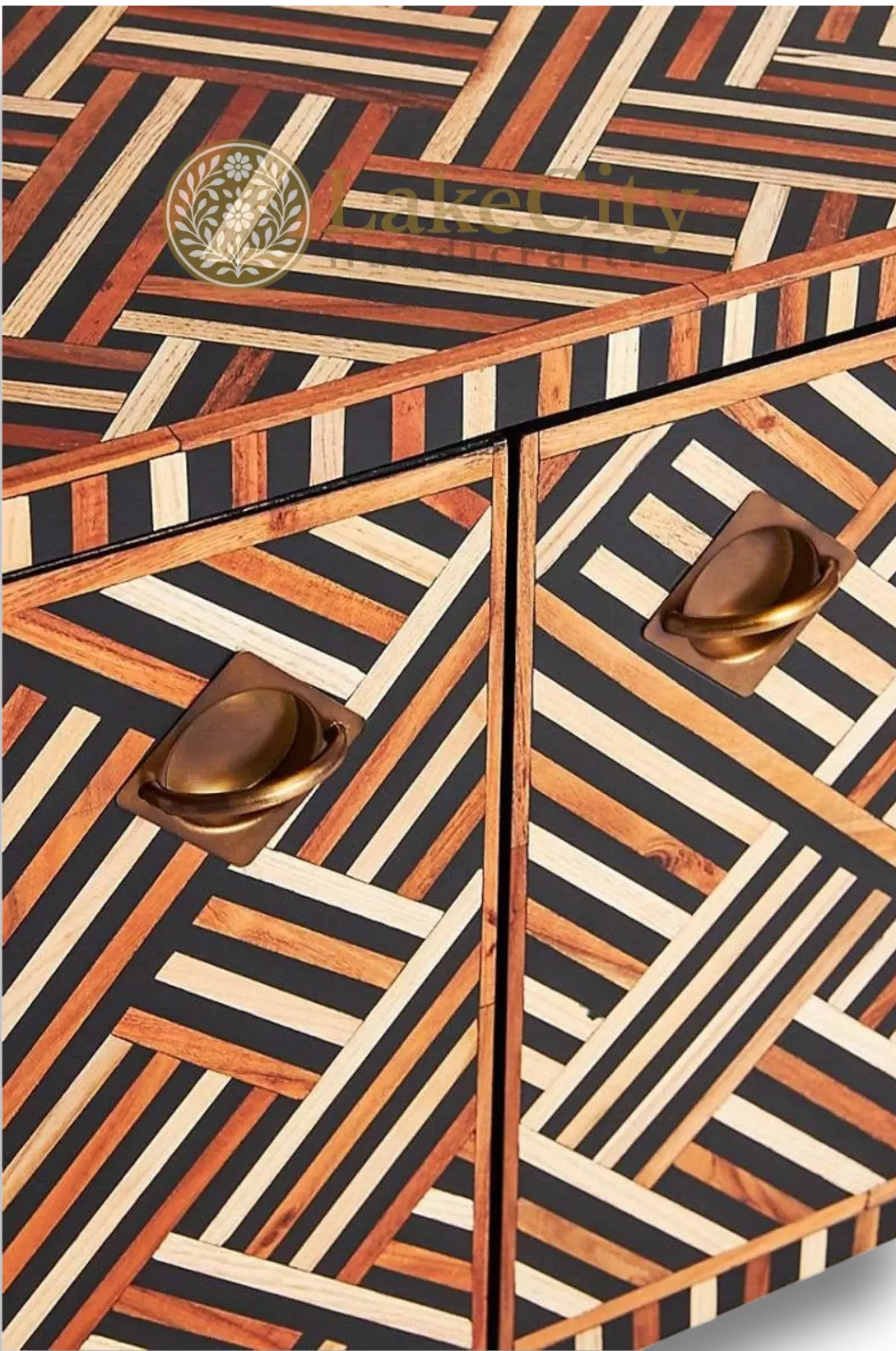 Teakwood Inlay Optical Design Media Console Brown | Teakwood Inlay Optical Design Entertainment Unit