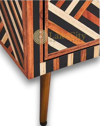 Teakwood Inlay Optical Design Media Console Brown | Teakwood Inlay Optical Design Entertainment Unit