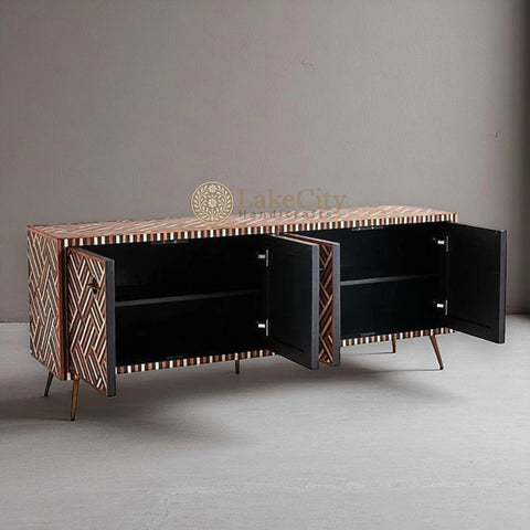 Teakwood Inlay Optical Design Media Console Brown | Teakwood Inlay Optical Design Entertainment Unit