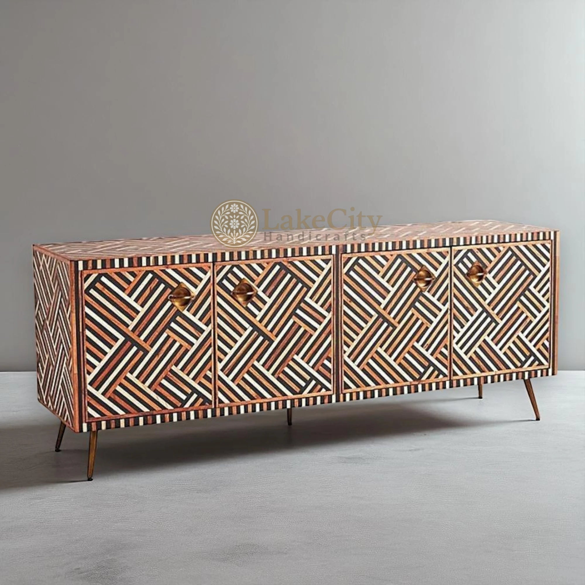 Teakwood Inlay Optical Design Media Console Brown | Teakwood Inlay Optical Design Entertainment Unit