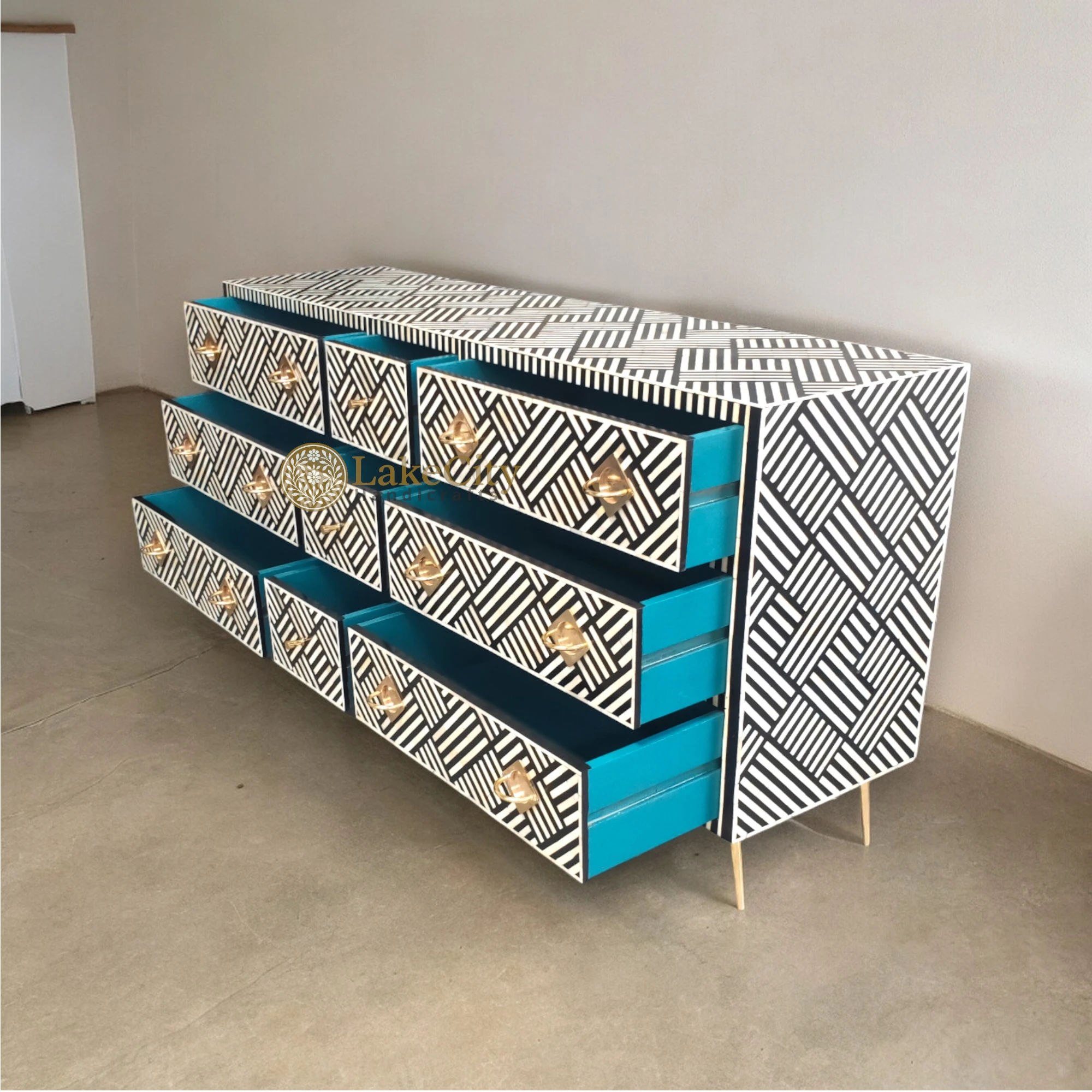 Bone Inlay Optical Design 9 Drawers Chest | Bone Inlay Optical Design 9 Drawers Dresser Table