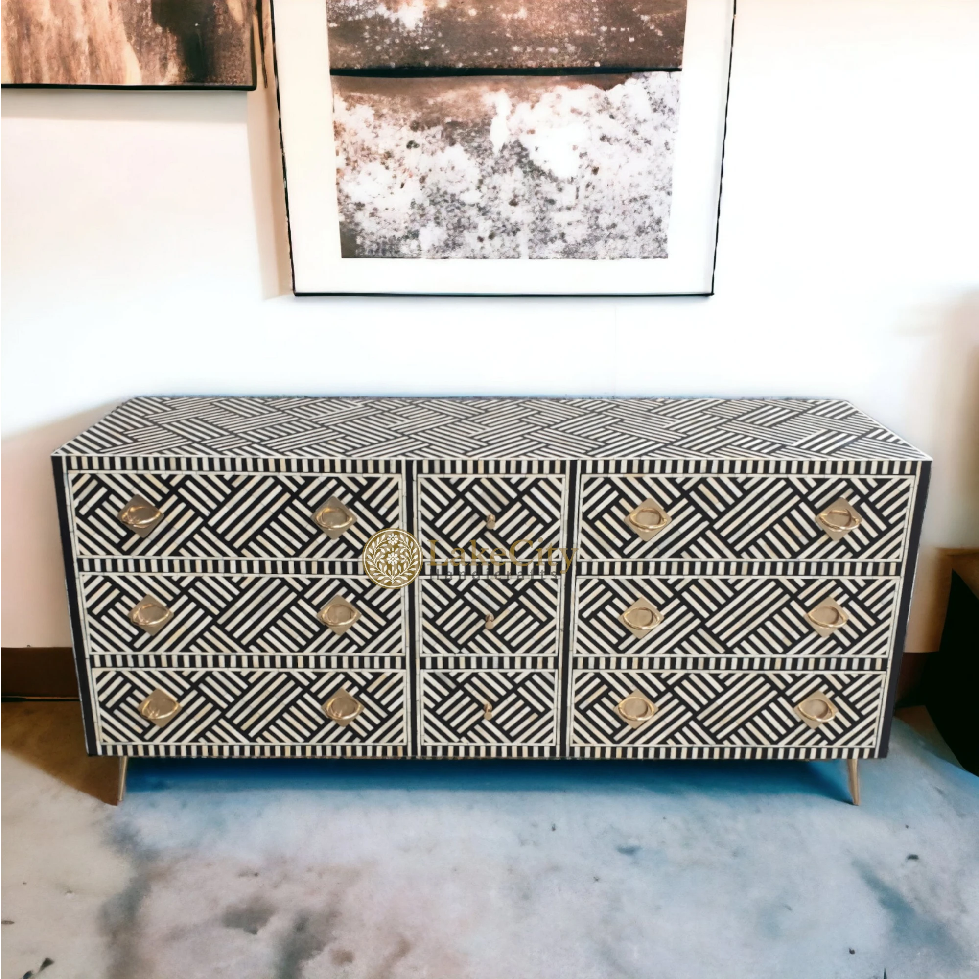 Bone Inlay Optical Design 9 Drawers Chest | Bone Inlay Optical Design 9 Drawers Dresser Table