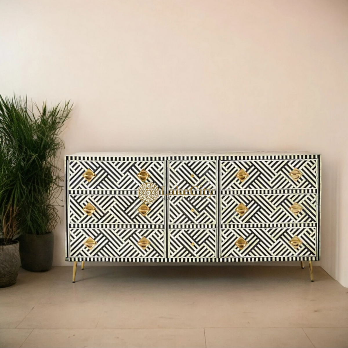 Bone Inlay Optical Design 9 Drawers Chest | Bone Inlay Optical Design 9 Drawers Dresser Table