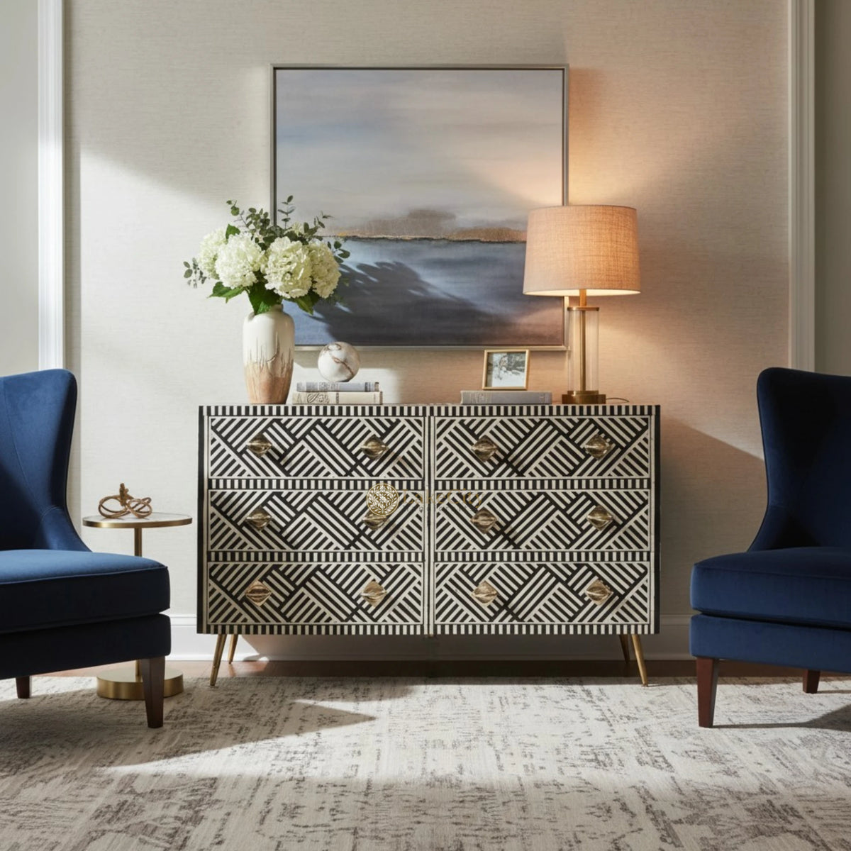 Bone Inlay Optical Chest 6 Drawers Black