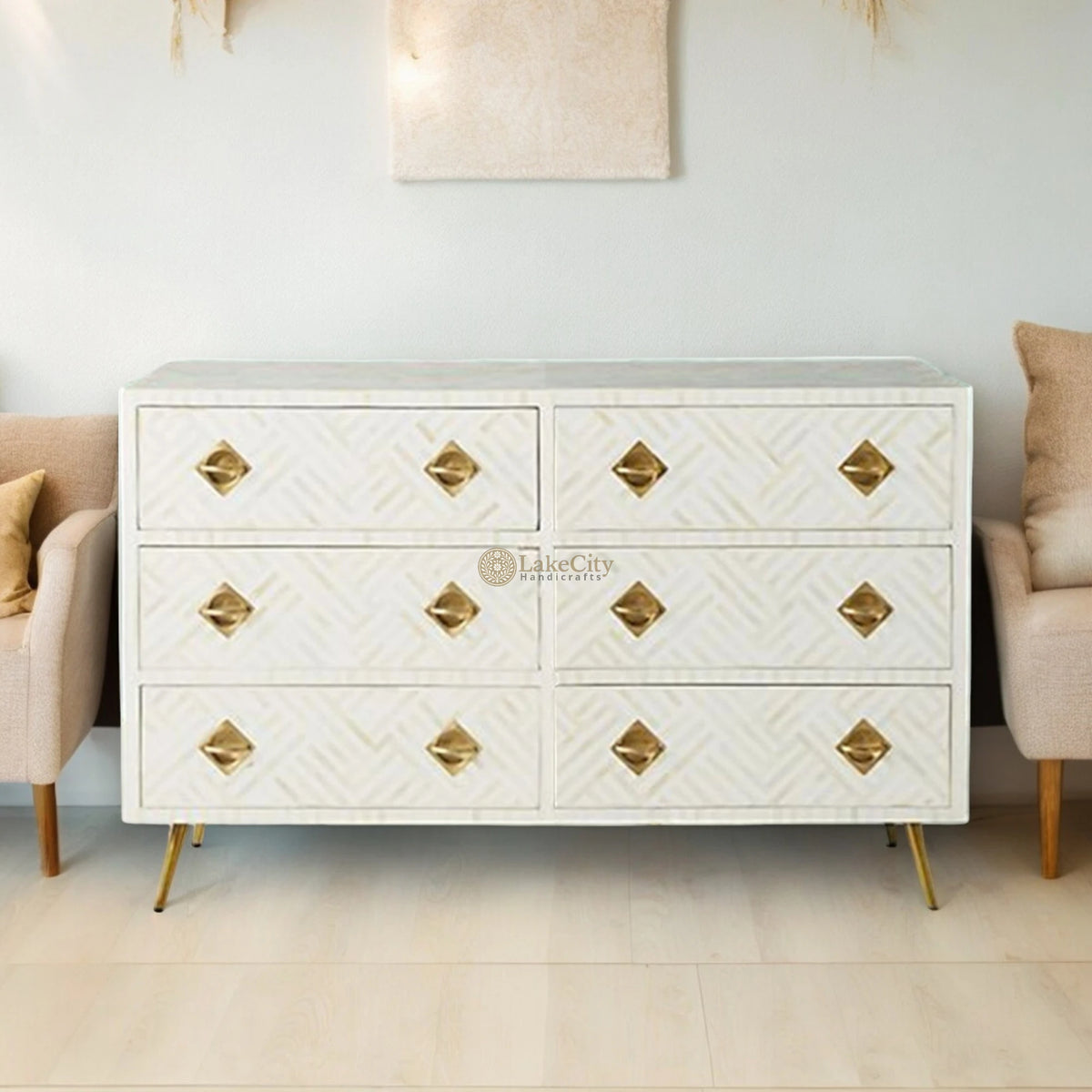 Bone Inlay Optical Chest 6 Drawers White