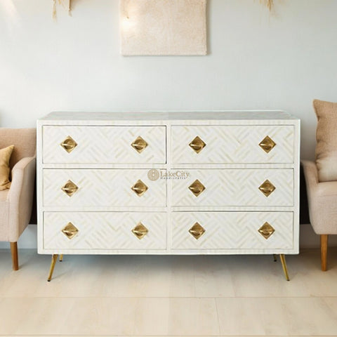 Bone Inlay Optical Chest 6 Drawers White