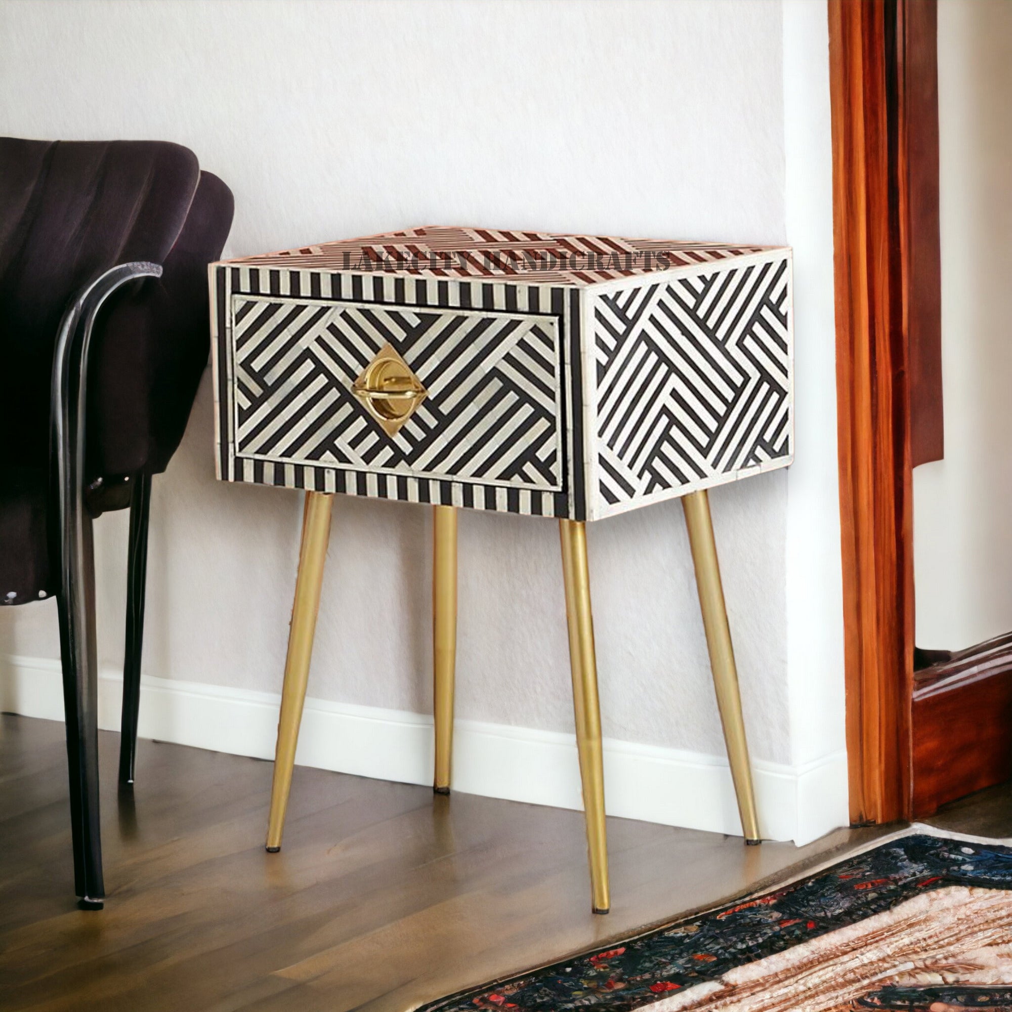 Bone Inlay Optical Design 1 Drawers Bedside Table Black | Bone Inlay Optical Design 1 Drawers Nightstand Table Black