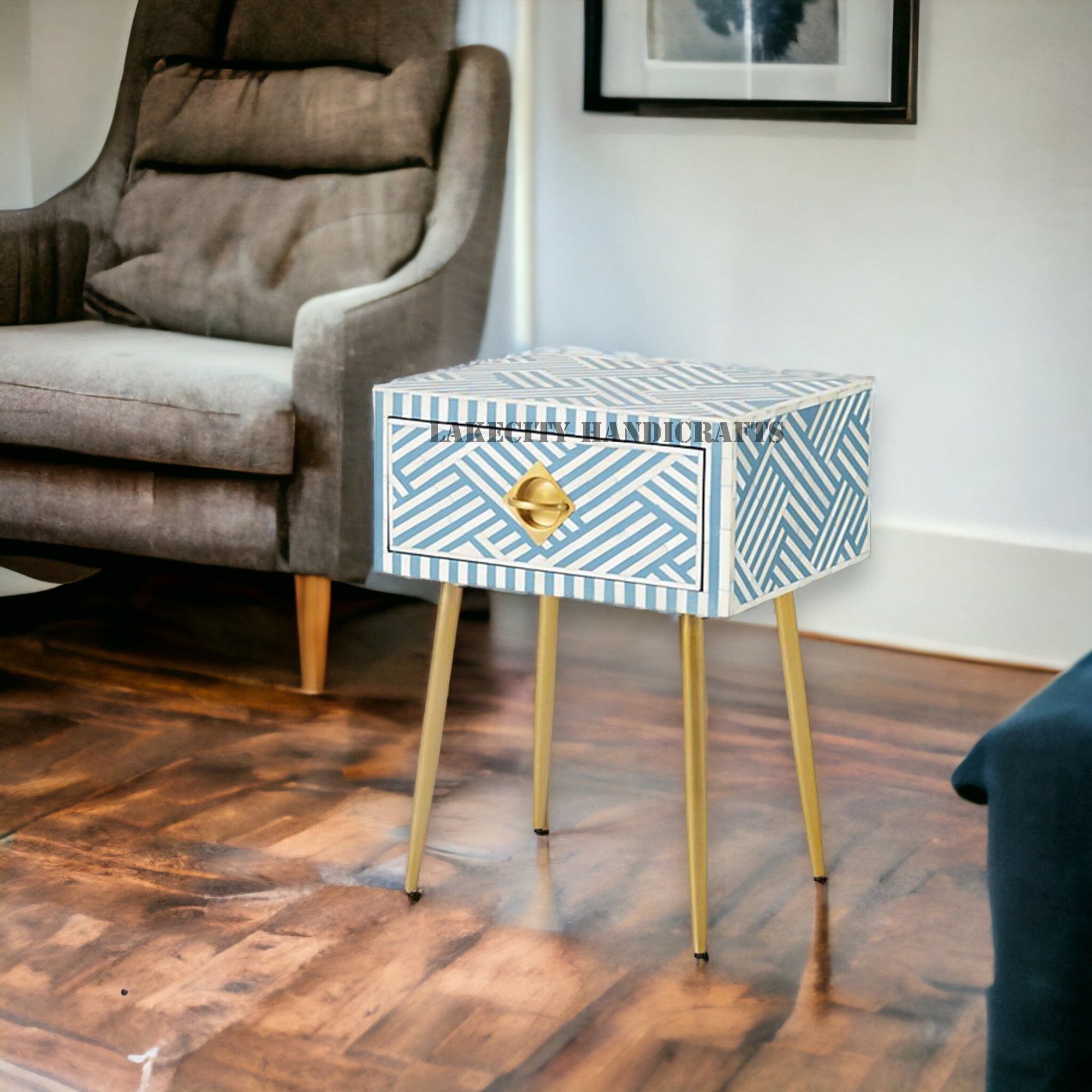 Bone Inlay Optical Design 1 Drawer Bedside Table Sky Blue | Bone Inlay Optical Design 1 Drawers Nightstand Table Sky Blue