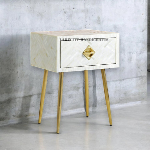 Bone Inlay Optical Design 1 Drawer Bedside Table White | Bone Inlay Optical Design 1 Drawer Nightstand Table White