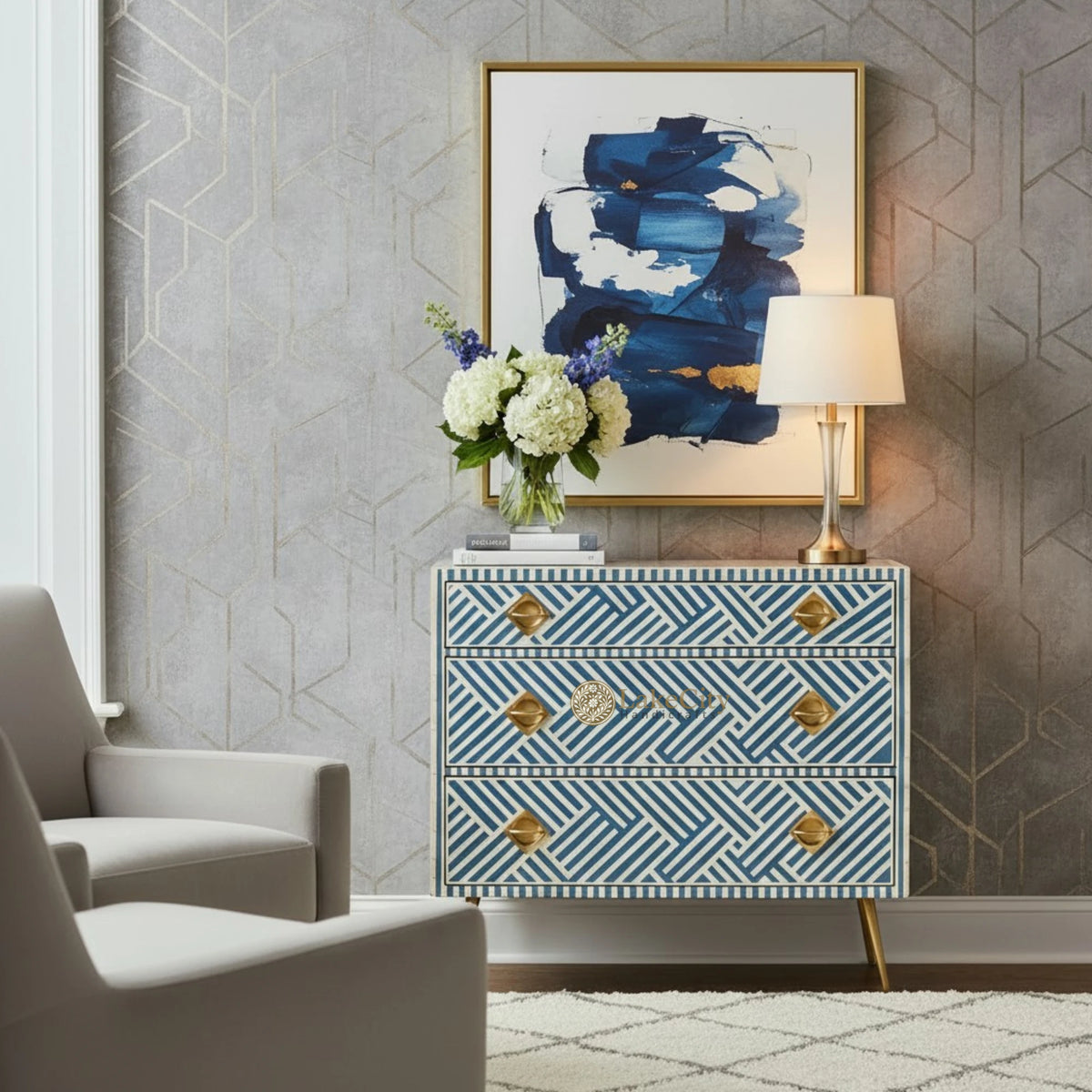 Optical Bone Inlay 3 Drawer Chest Blue