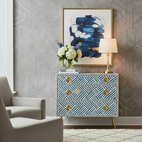 Optical Bone Inlay 3 Drawer Chest Blue