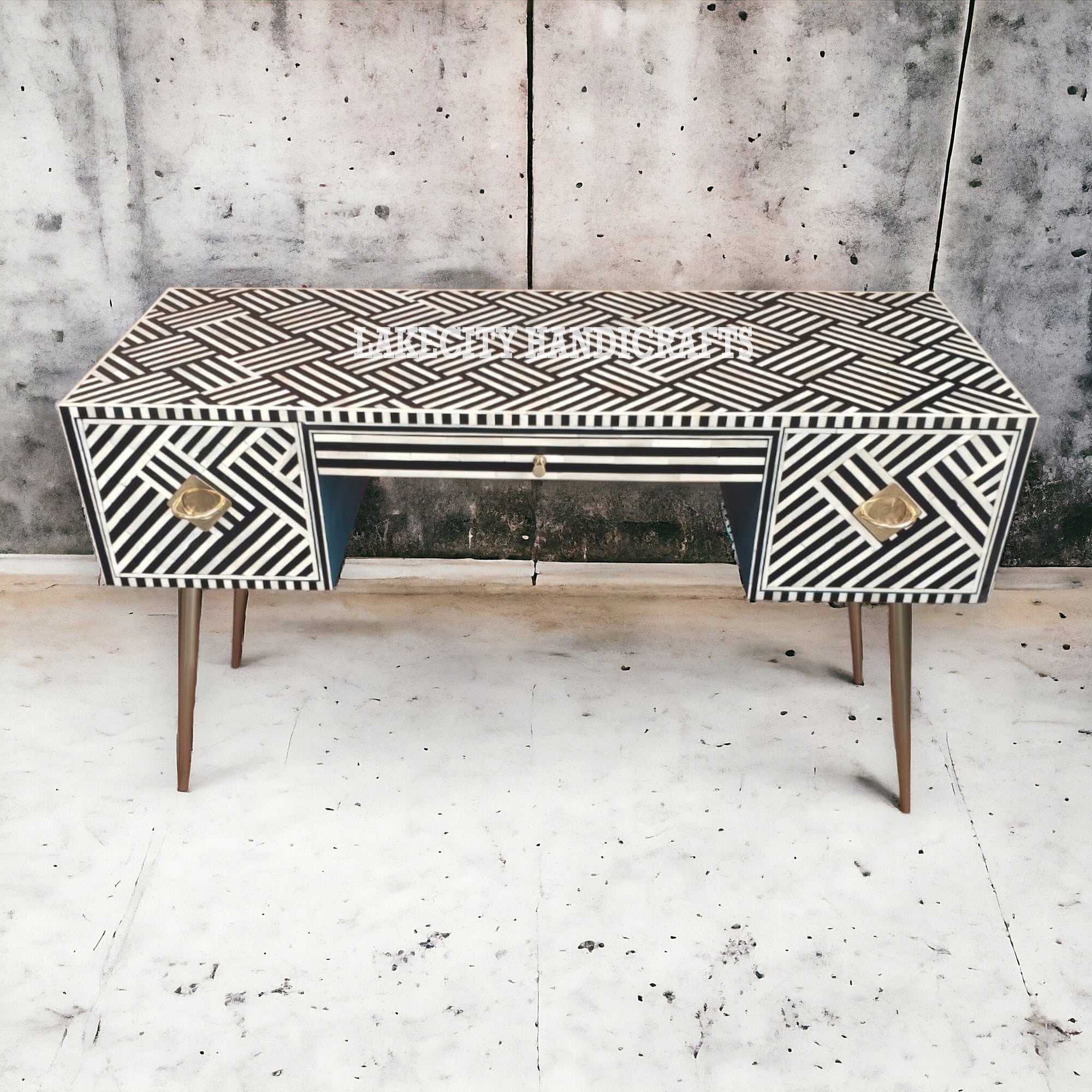 Bone Inlay Optical Design 3 Drawers Office Desk Black | Bone Inlay Optical Design 3 Drawers Console Table Black