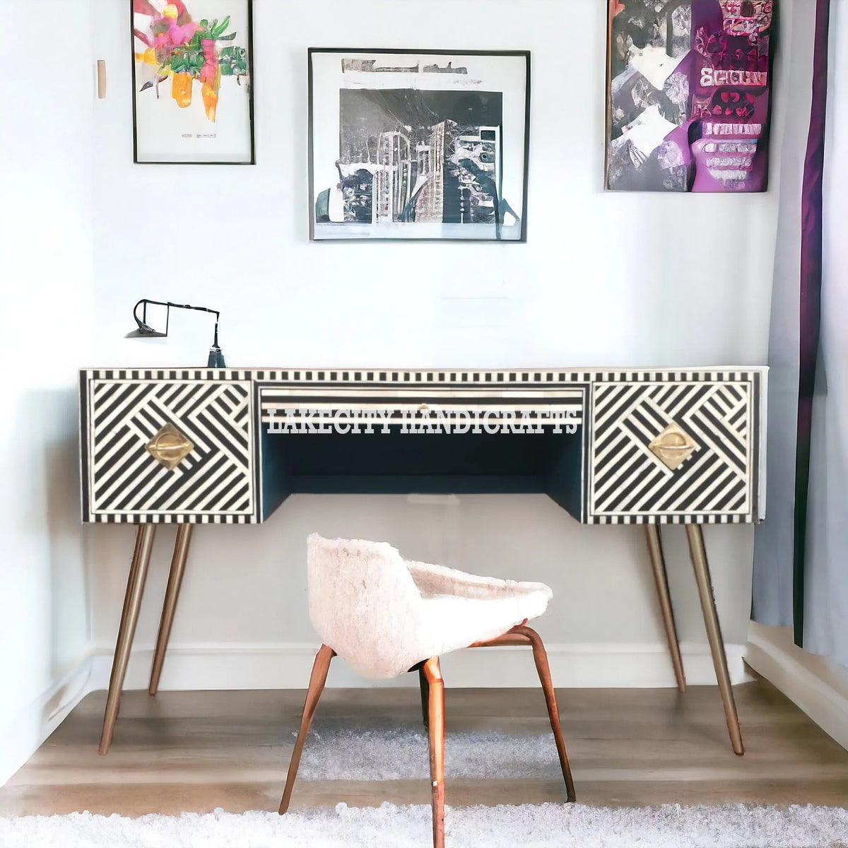 Bone Inlay Optical Design 3 Drawers Office Desk Black | Bone Inlay Optical Design 3 Drawers Console Table Black