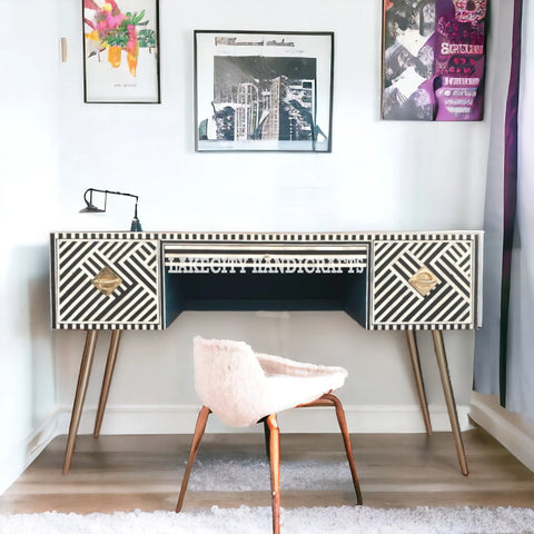 Bone Inlay Optical Design 3 Drawers Office Desk Black | Bone Inlay Optical Design 3 Drawers Console Table Black