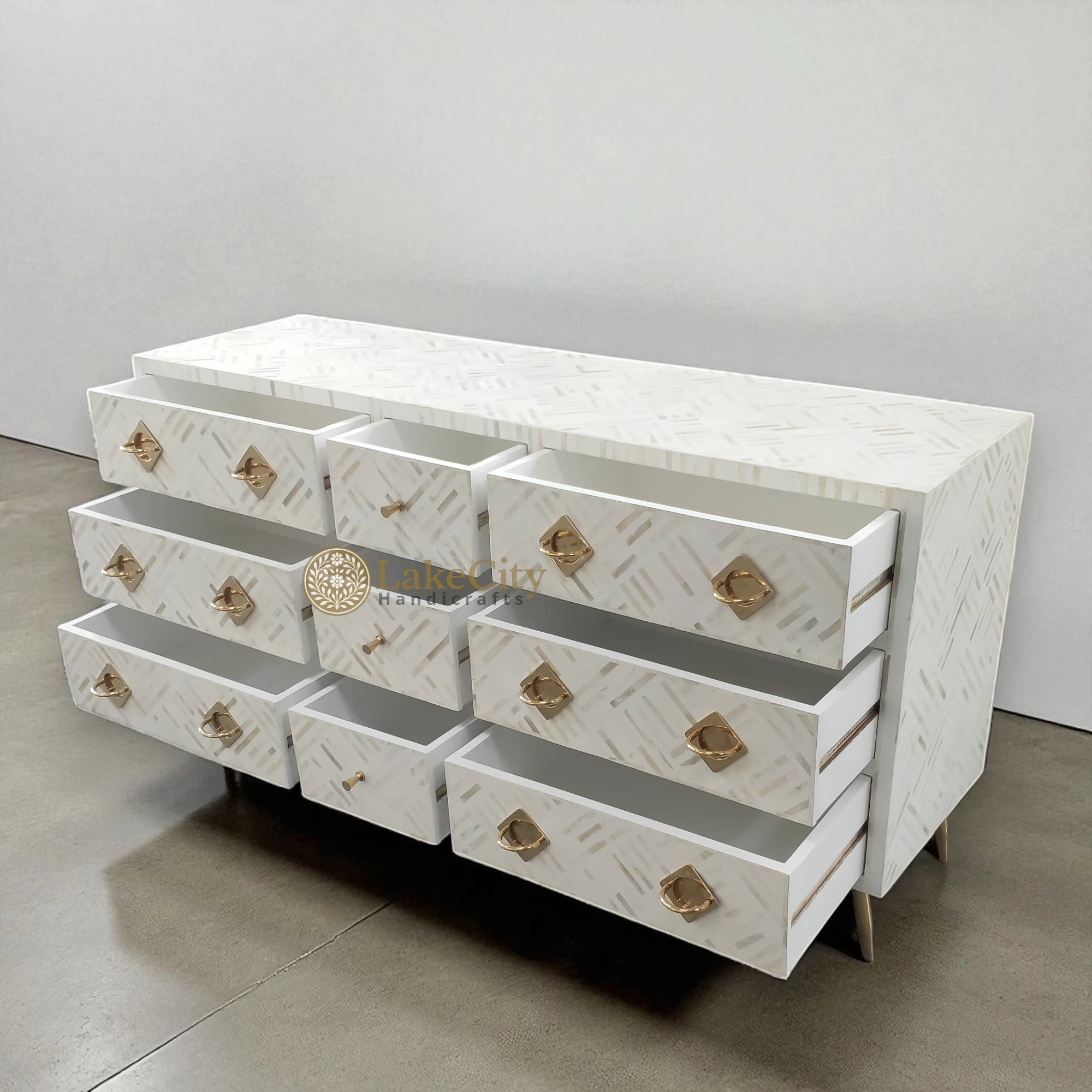 Bone Inlay Optical Design 9 Drawers Chest | Bone Inlay Optical Design 9 Drawers Dresser Table
