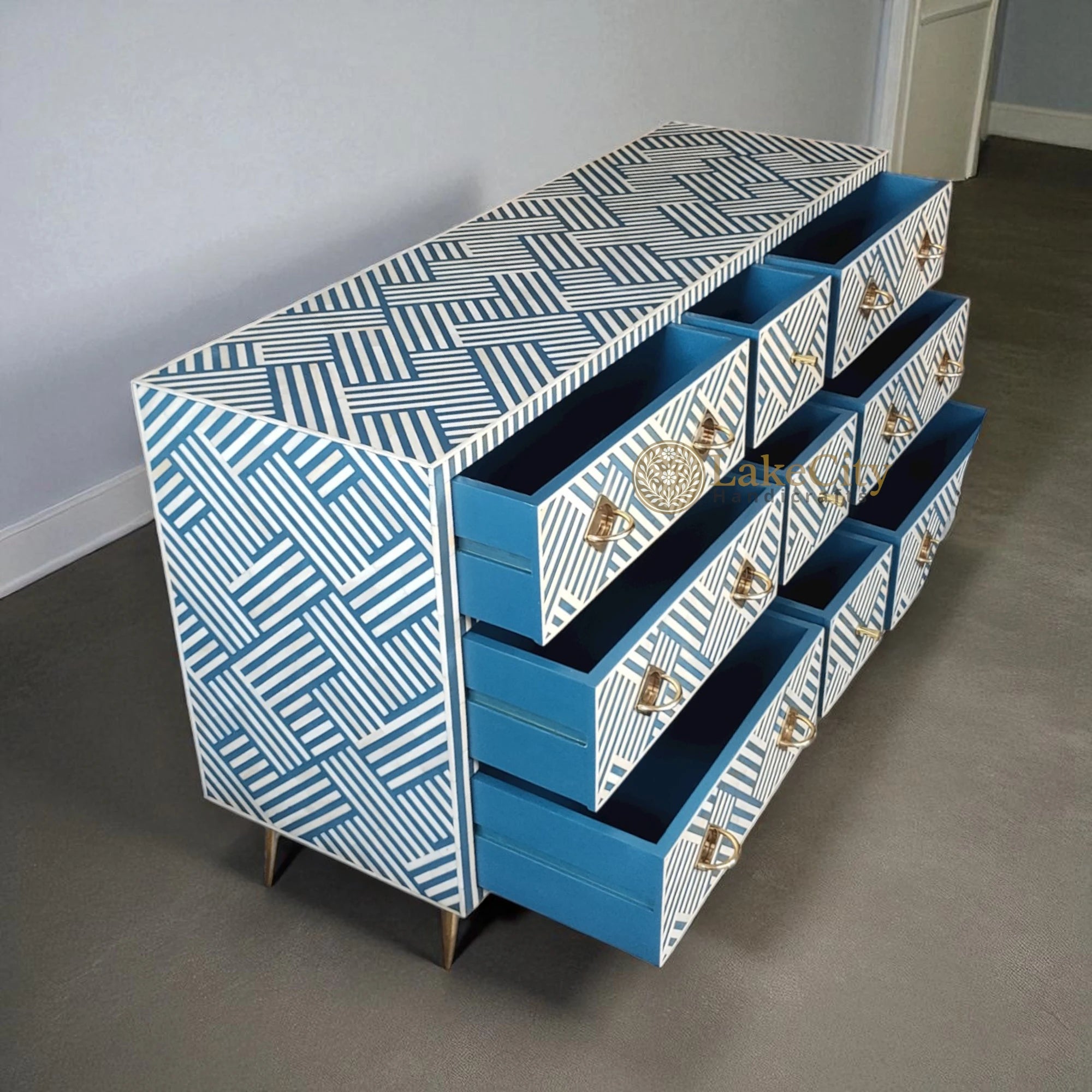Bone Inlay Optical Design 9 Drawers Chest | Bone Inlay Optical Design 9 Drawers Dresser Table