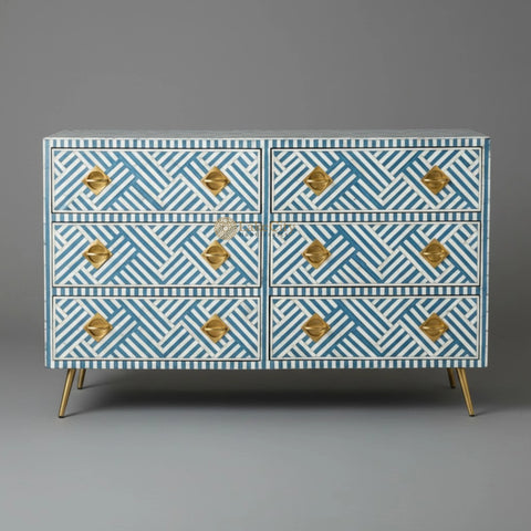 Bone Inlay Optical Chest 6 Drawers Blue