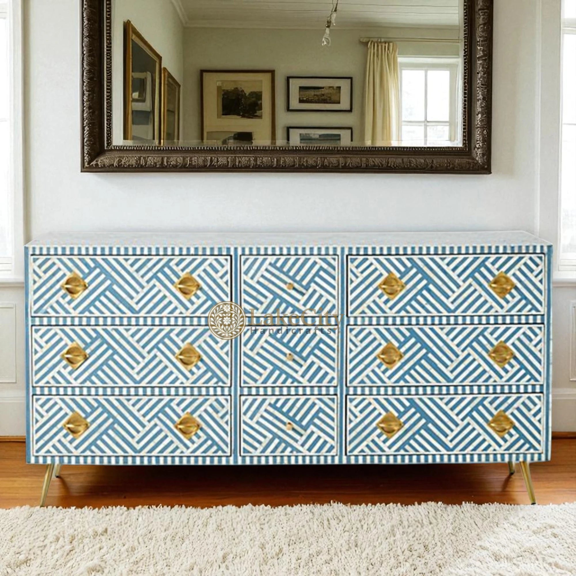 Bone Inlay Optical Design 9 Drawers Chest | Bone Inlay Optical Design 9 Drawers Dresser Table