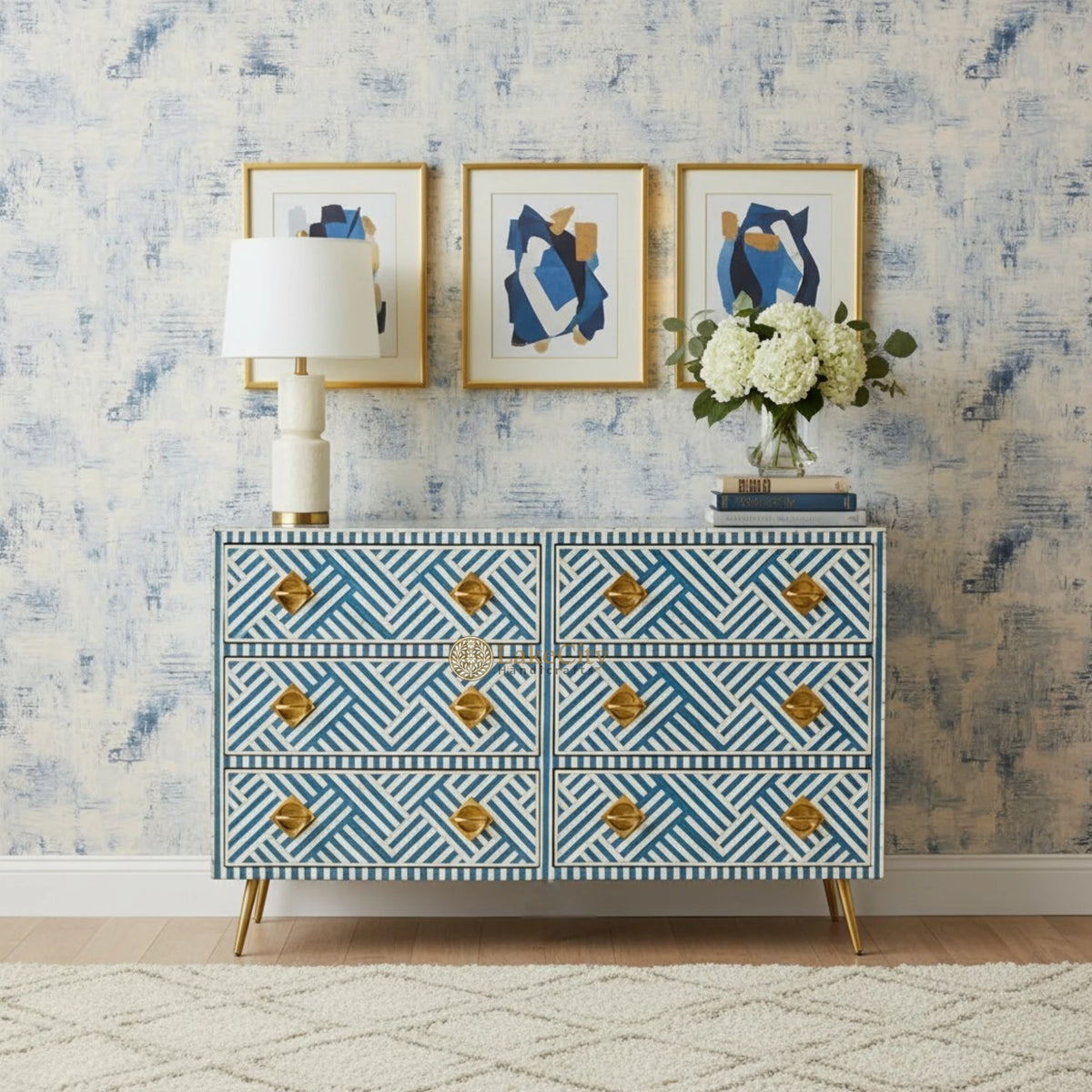 Bone Inlay Optical Chest 6 Drawers Blue
