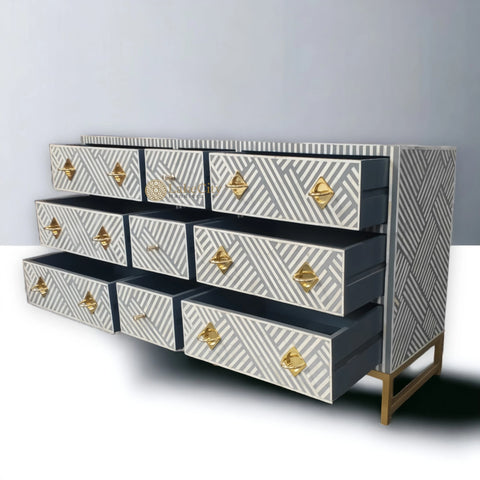 Optical Bone Inlay 9 Drawer Chest Grey