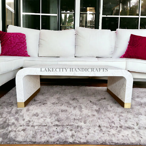 Bone Inlay Cubic Waterfall Coffee Table White Brass Base