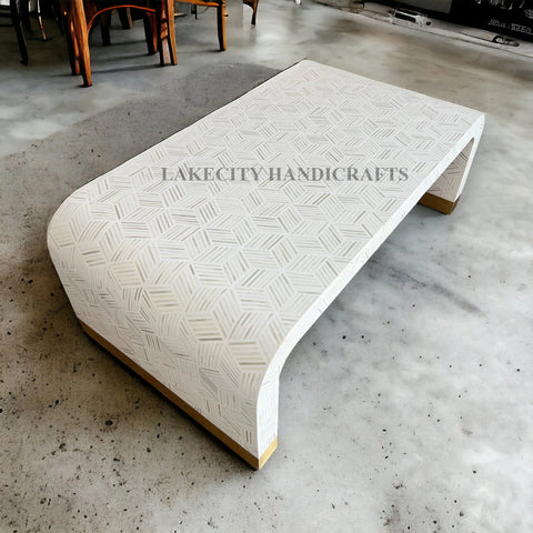 Bone Inlay Cubic Waterfall Coffee Table White Brass Base