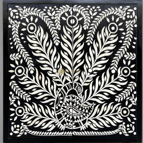 Bone Inlay Peacock Design 2 Doors Cabinet Table Black | Bone Inlay Dresser