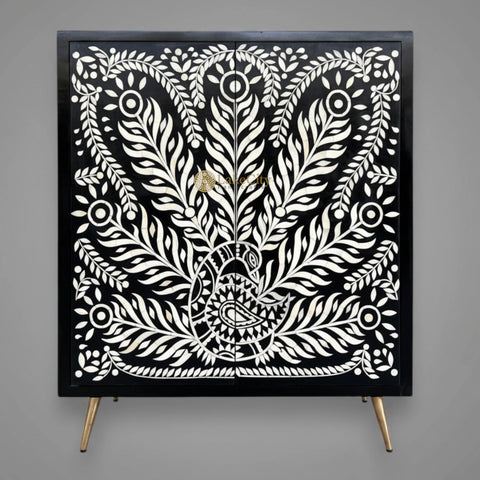Bone Inlay Peacock Design 2 Doors Cabinet Table Black | Bone Inlay Dresser