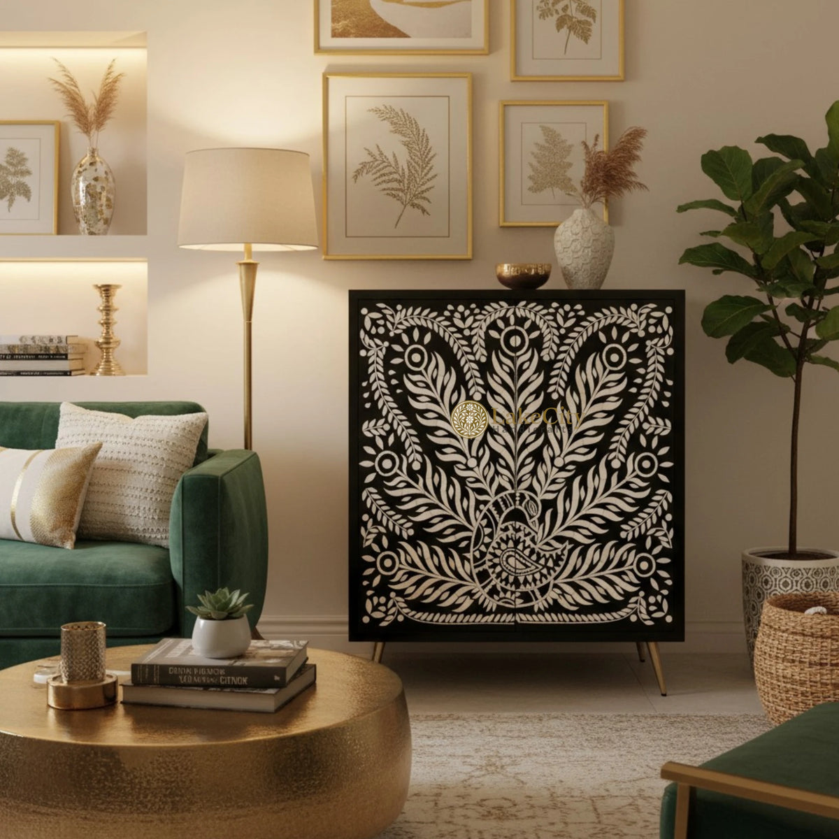 Bone Inlay Peacock Design 2 Doors Cabinet Table Black | Bone Inlay Dresser