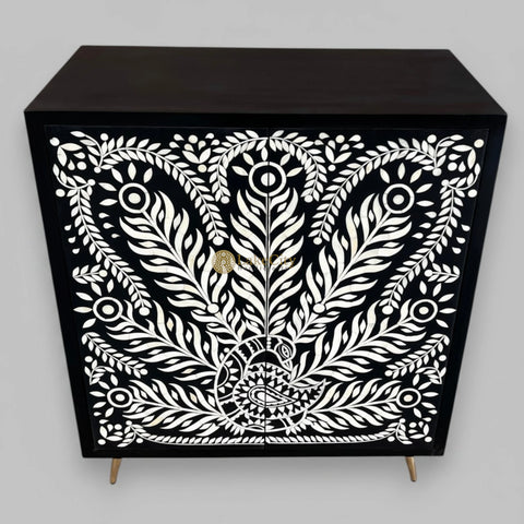 Bone Inlay Peacock Design 2 Doors Cabinet Table Black | Bone Inlay Dresser
