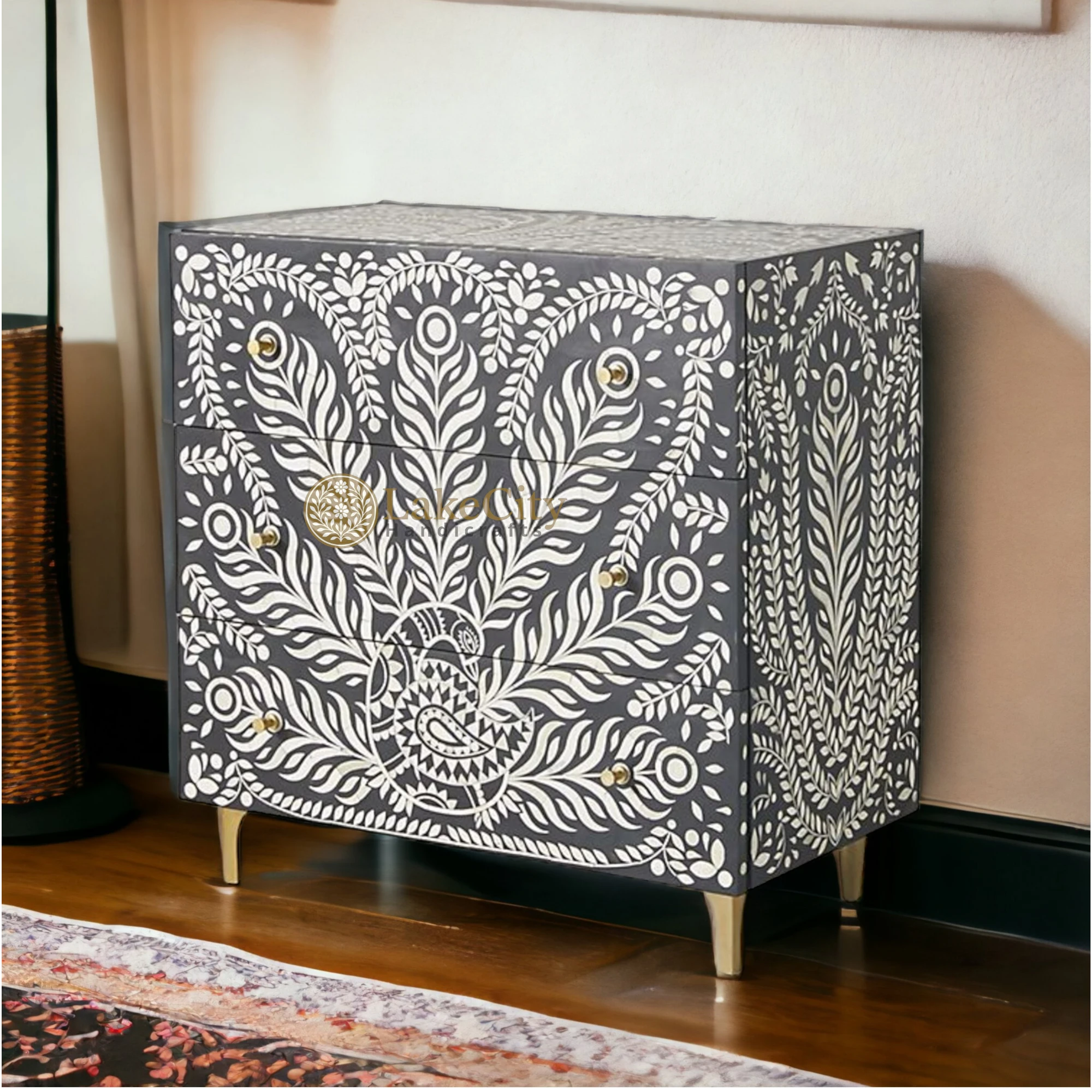 Bone Inlay Lucienne Three Drawer Dresser Black