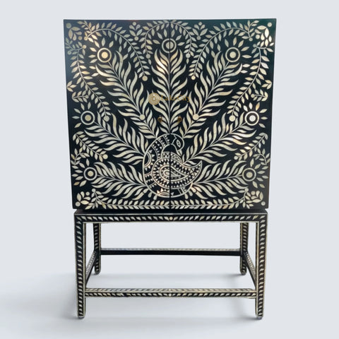 Peacock Design Bone Inlay Bar Cabinet Black