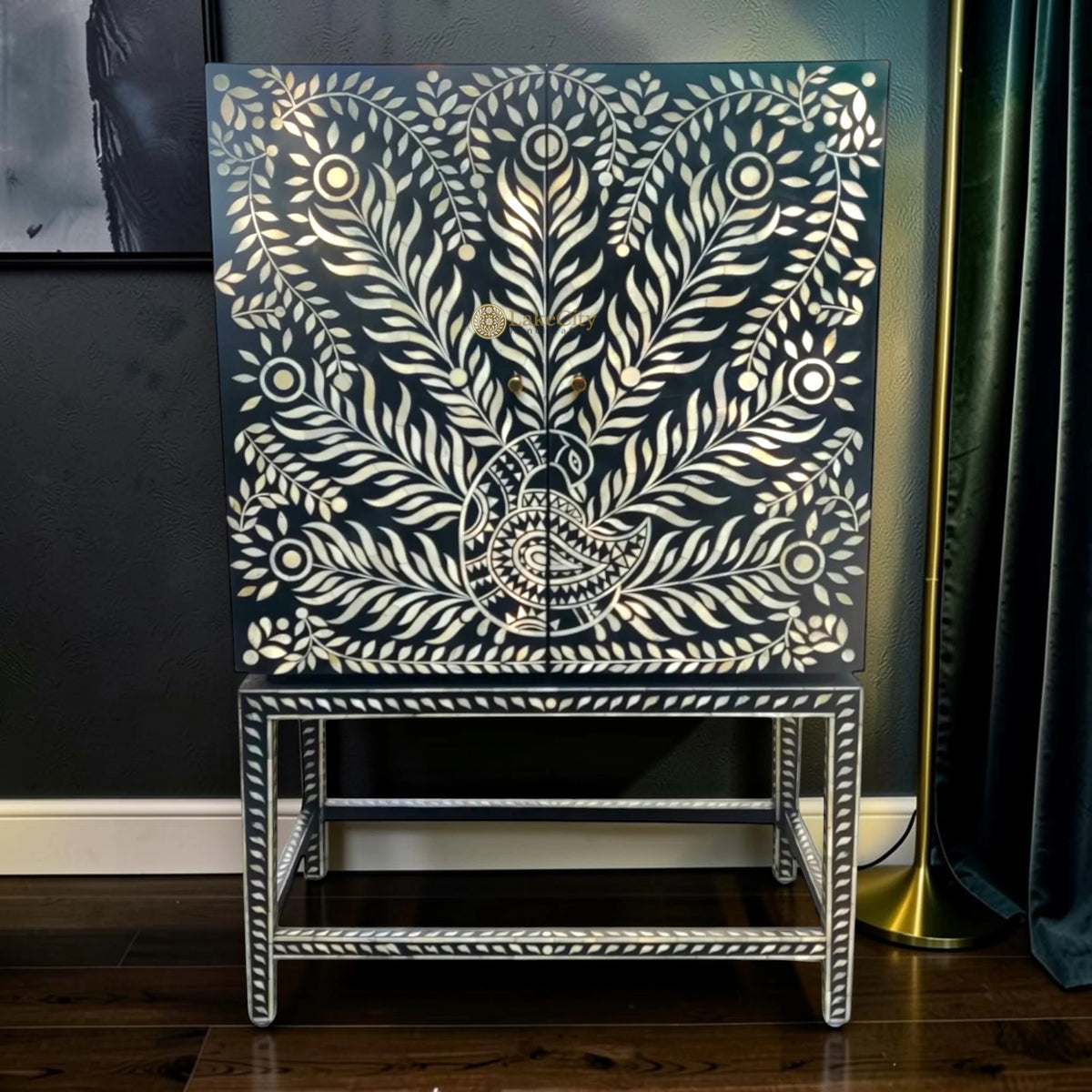Peacock Design Bone Inlay Bar Cabinet Black