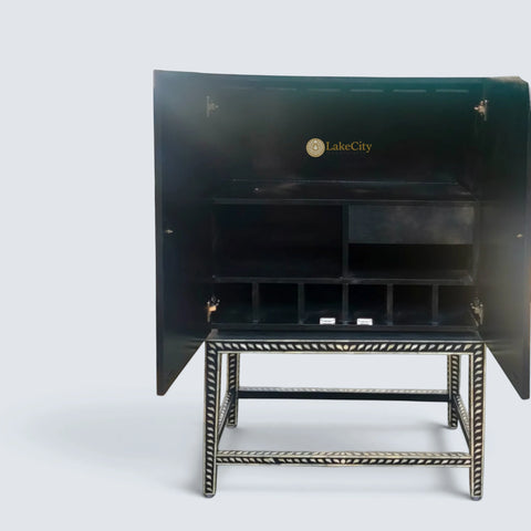 Peacock Design Bone Inlay Bar Cabinet Black